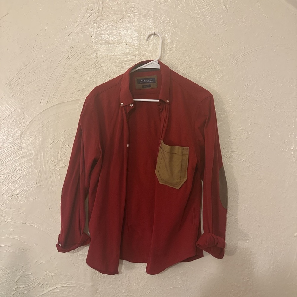 reworked elbow patch Zara shirt with added khaki pocket on front left chest